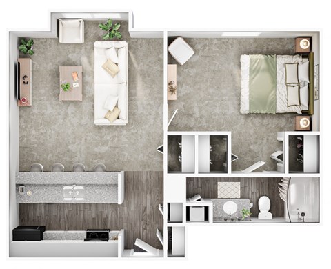 a 3d floor plan of a hotel with a bedroom and a bathroom